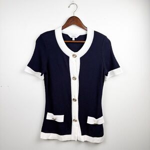 Misook Button Front Short Sleeve Navy XS Nautical
